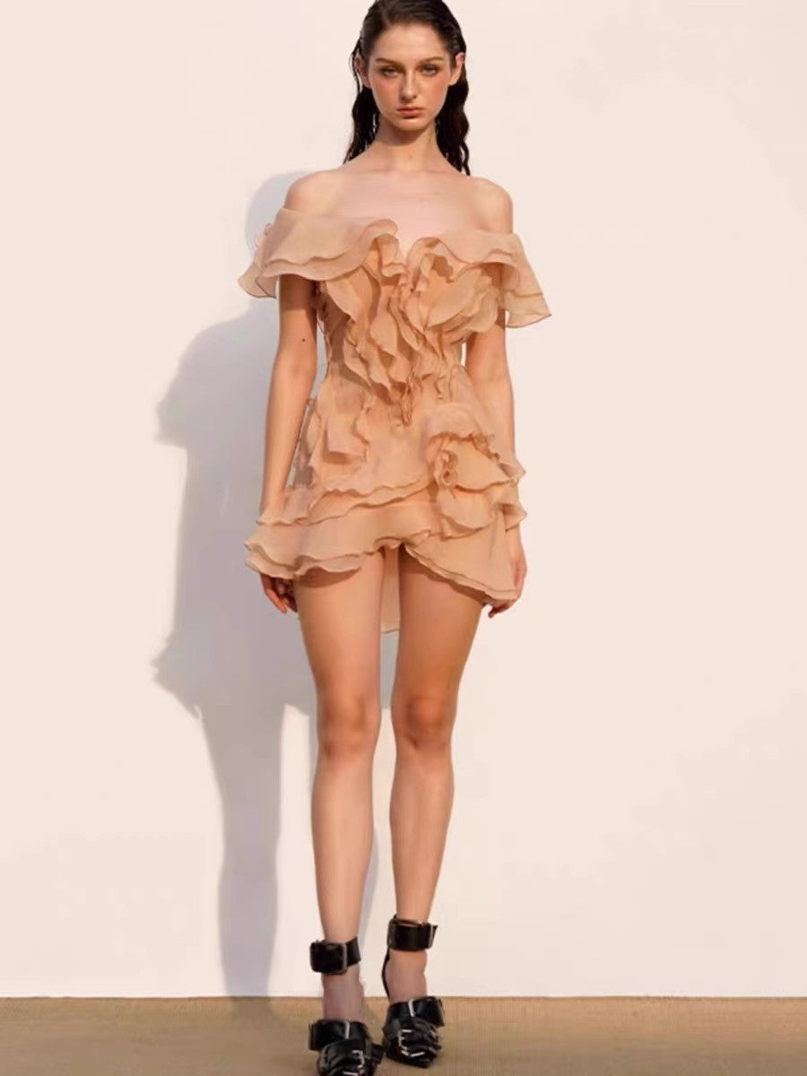 Off-shoulder Dress V-neck Mid-waist Short Skirt