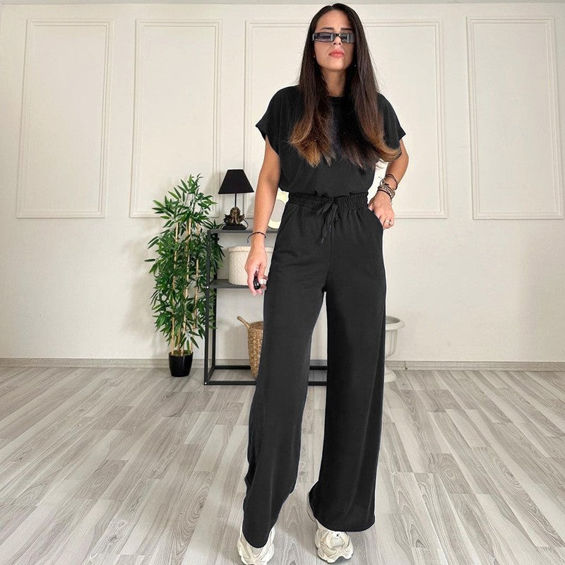 Women's Round Neck Short Sleeve Top with Wide Leg Pants Set