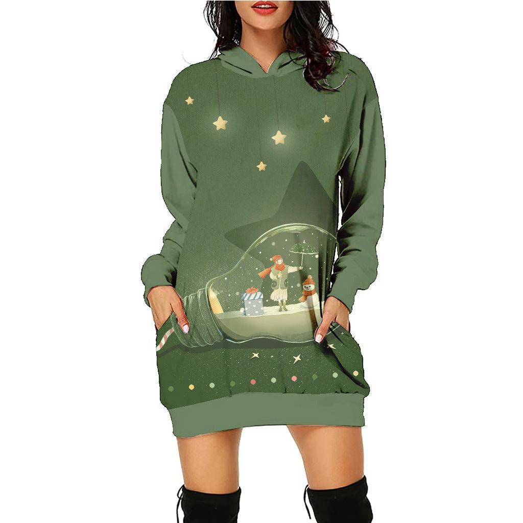 Women's Fashion Casual Printing Christmas Holiday Party Sweater Dress