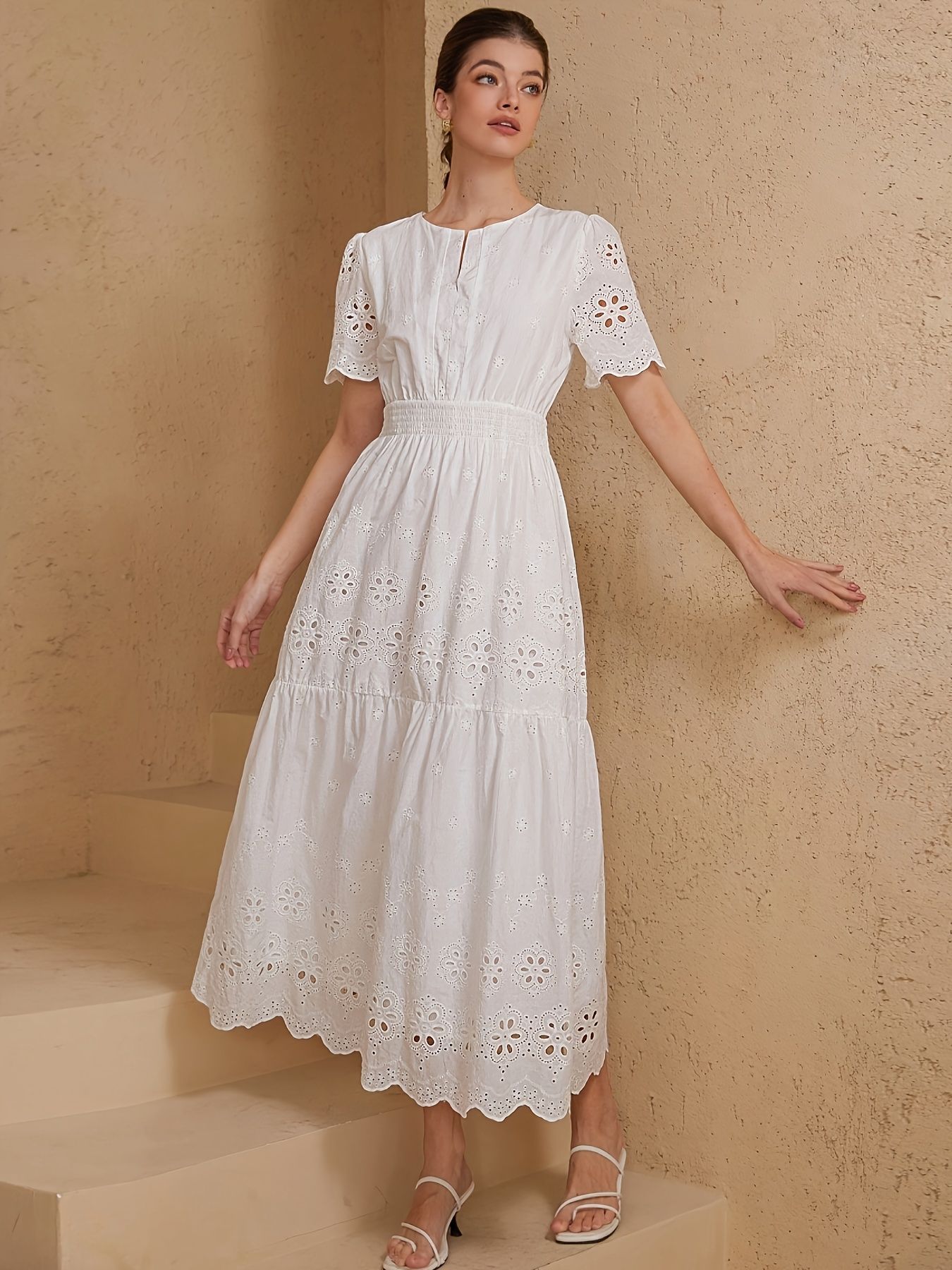 Women's Hollow-Out Embroidered Short-Sleeve Dress