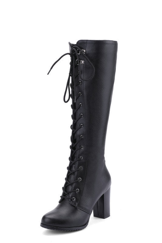 Women's Suede Front Lace High Heel Knee Length Boots