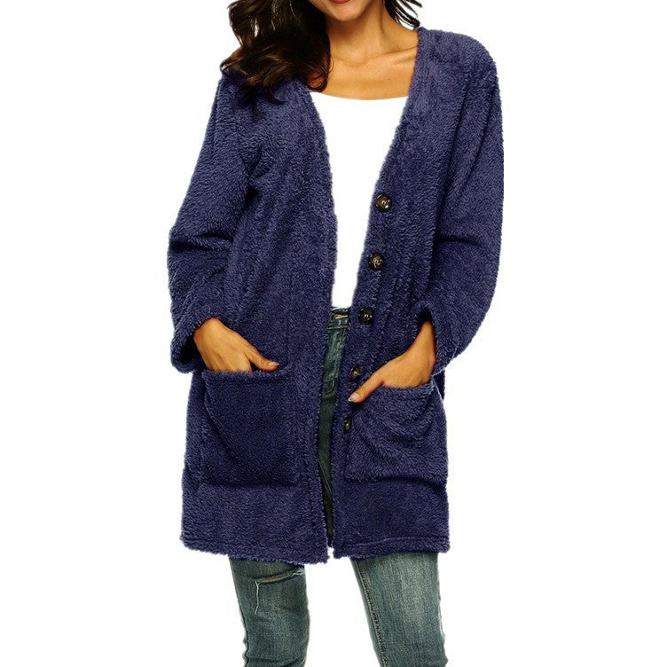 Women’s Mid-Length Plush Cardigan with Pockets in 8 Colors  S-5XL - Wazzi's Wear