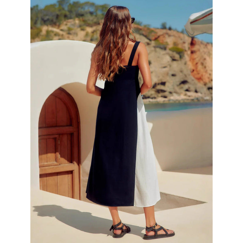 Elegant And Fashionable Resort-style Slip Dress With Color-blocking