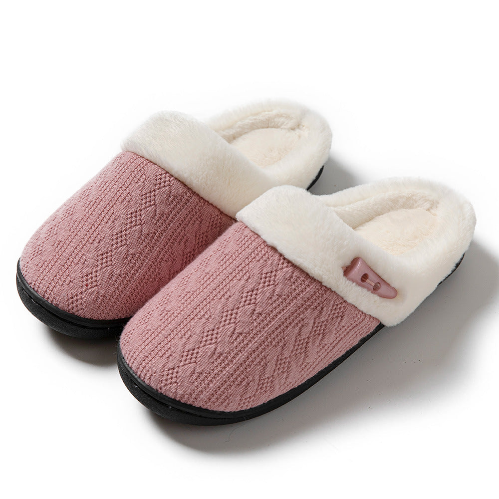 Women’s warm non-slip slippers with cotton upper and rubber sole, featuring artificial hair lining.