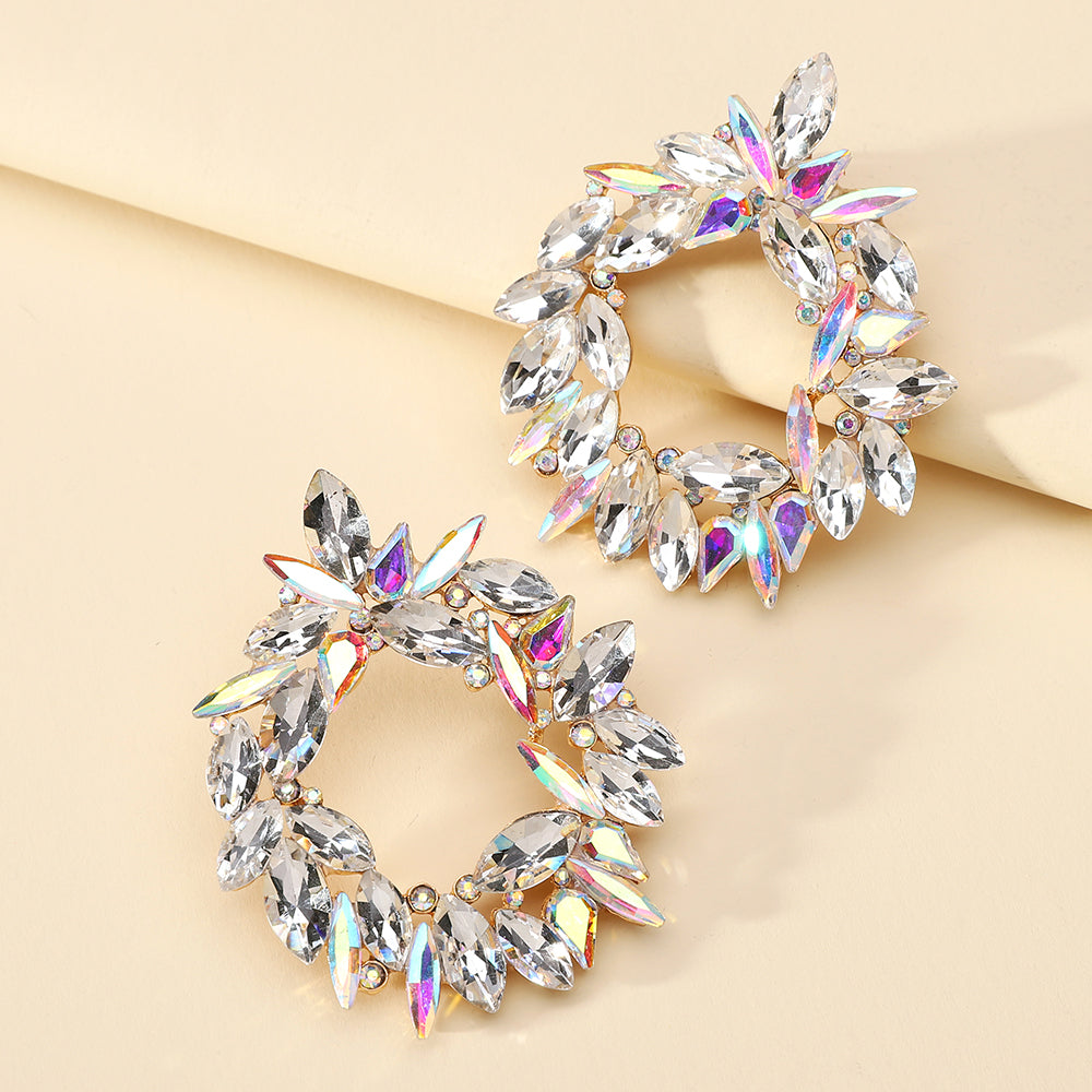 Crystal Wreath Stud Earrings For Women Sparkly Rhinestone Statement Floral Multicolor Jewelry Party Wedding Bridal Prom