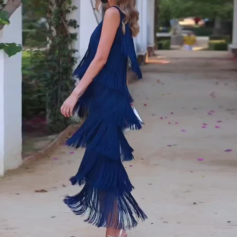 Women’s Solid Color Dress with Diagonal Collar & Multi-layer Tassel Stitching Design