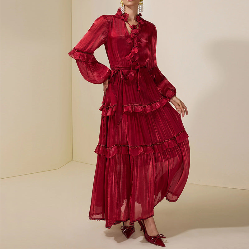 Women's Ruffled Panel Long-Sleeve Elegant Chiffon Dress