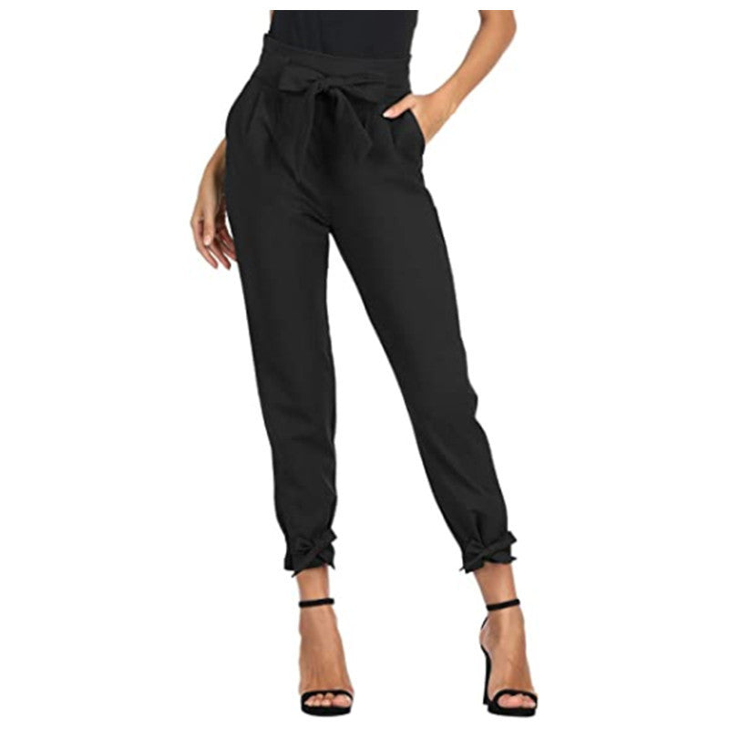 Women’s High Waisted Cuffed Pants with Pockets and Bows