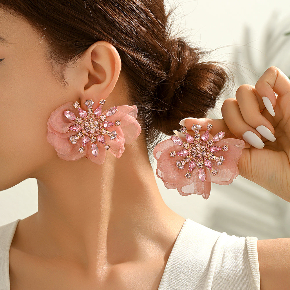 Rhinestone Chiffon Flower Stud Earrings For Women Colorful Crystal Bohemian Statement Jewelry For Party Prom Summer Beach Vacation