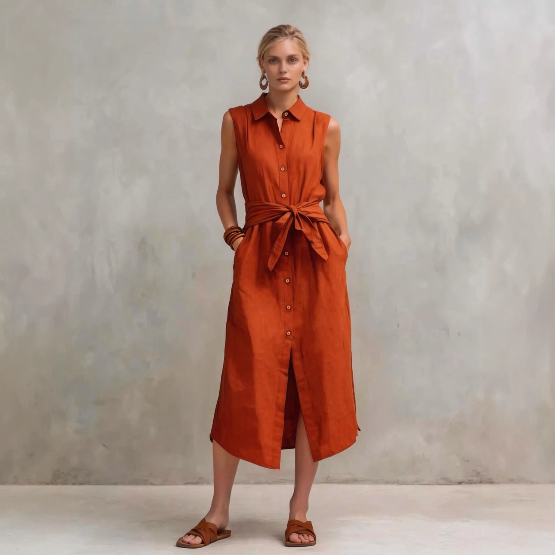 Casual Cotton-Linen Bag-Style Solid-Colored Sleeveless Dress