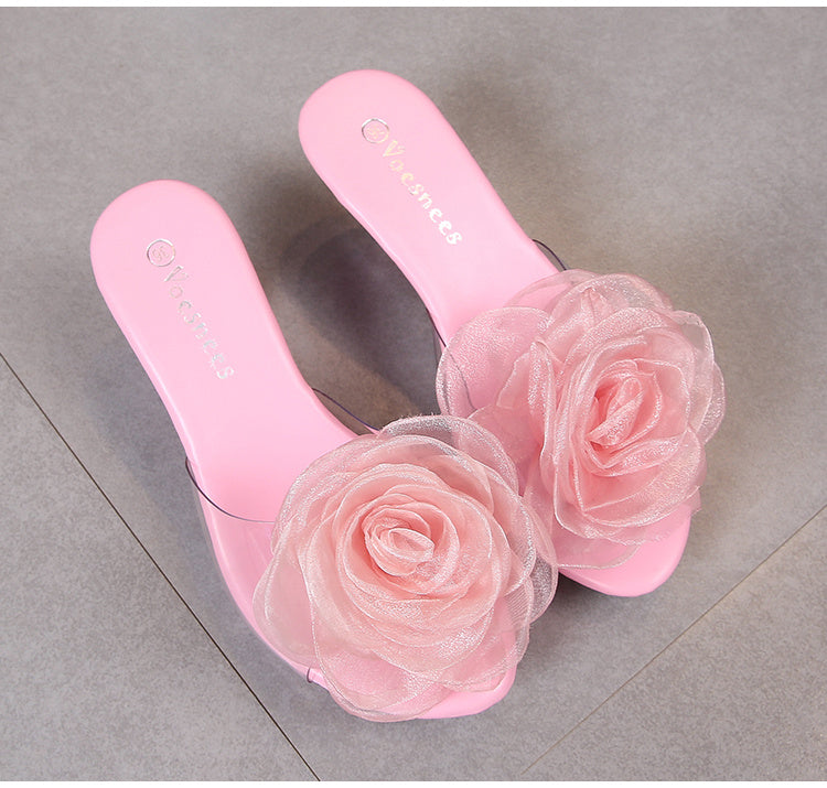 Transparent Slippers with Flower and Short Stiletto Heel