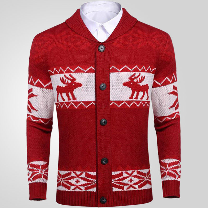 Men's Christmas sweater button cardigan in red with white reindeer jacquard pattern, thick polyester fabric, long sleeves.