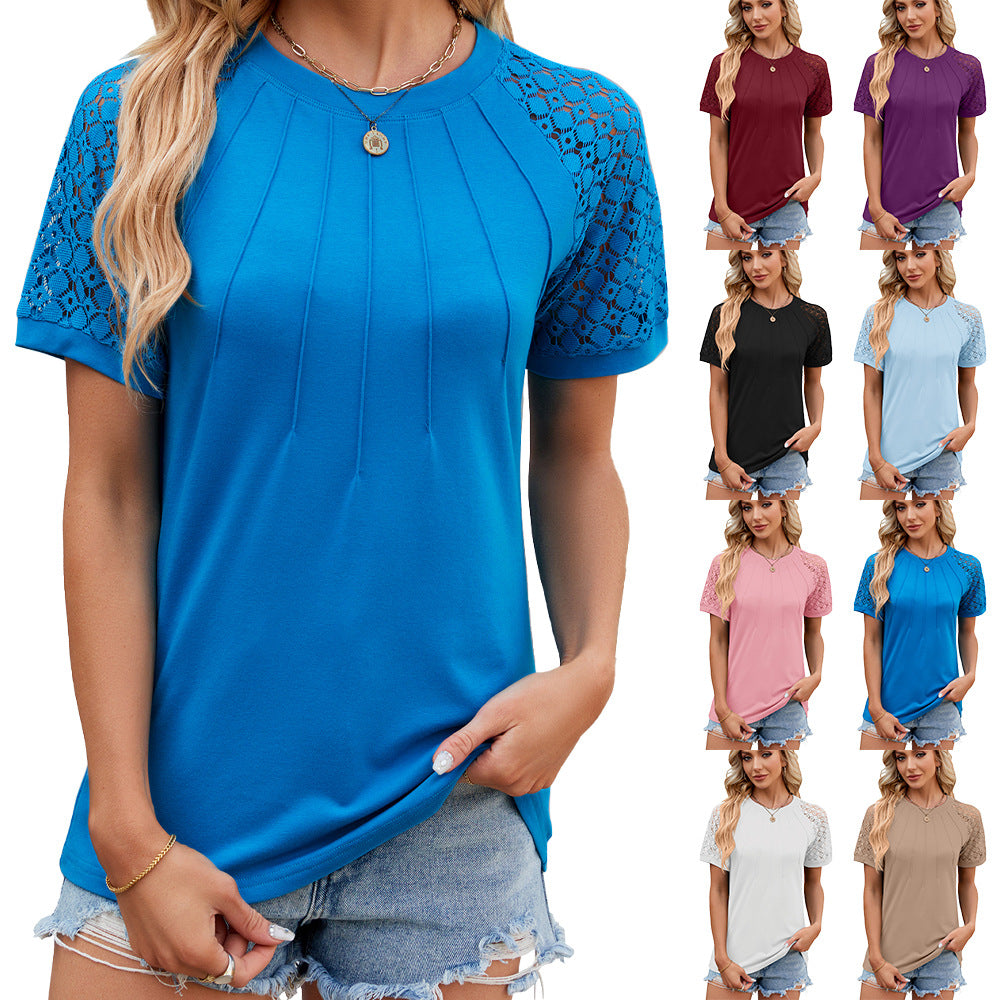 Women’s Round Neck Short Lace Sleeve Pleated Top in 8 Colors S-XXL