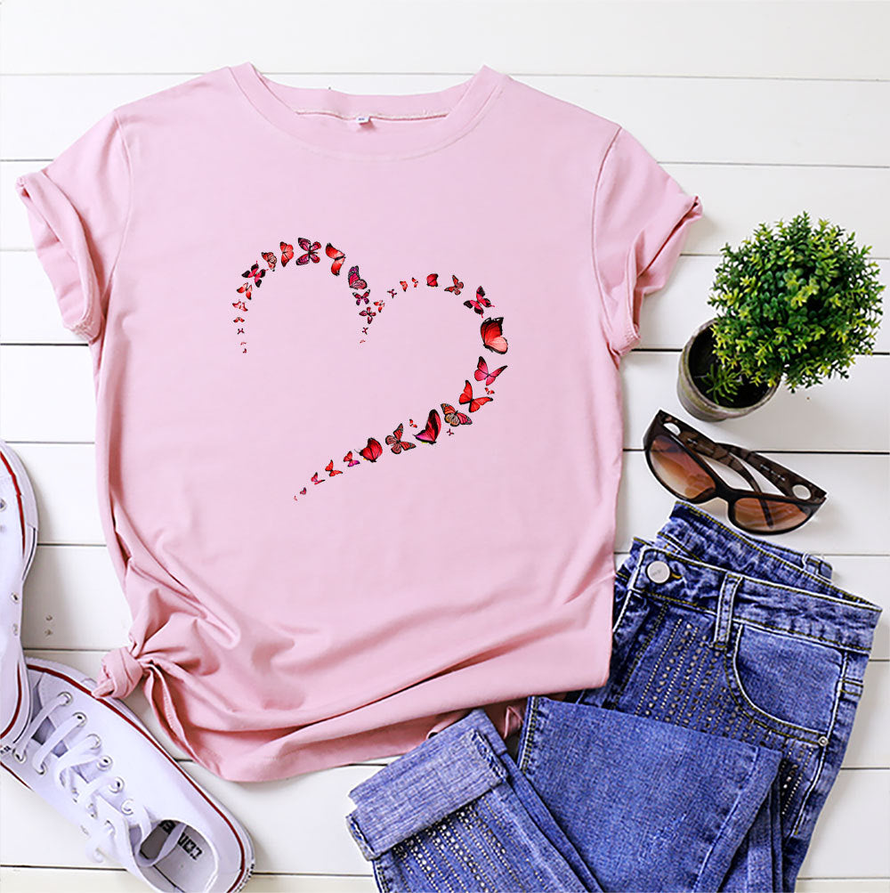 Top feminino de manga curta Heart Butterfly em 12 cores S-4XL