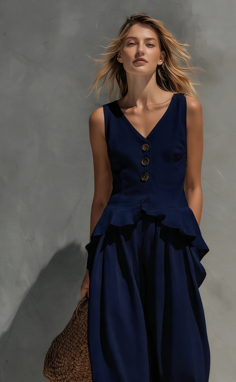 Sweatshirt-style Casual Sleeveless Top And Wide-leg Pants Two-piece Set