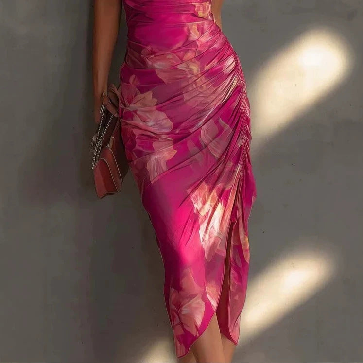 Strapless Backless Printed High-slit Dress