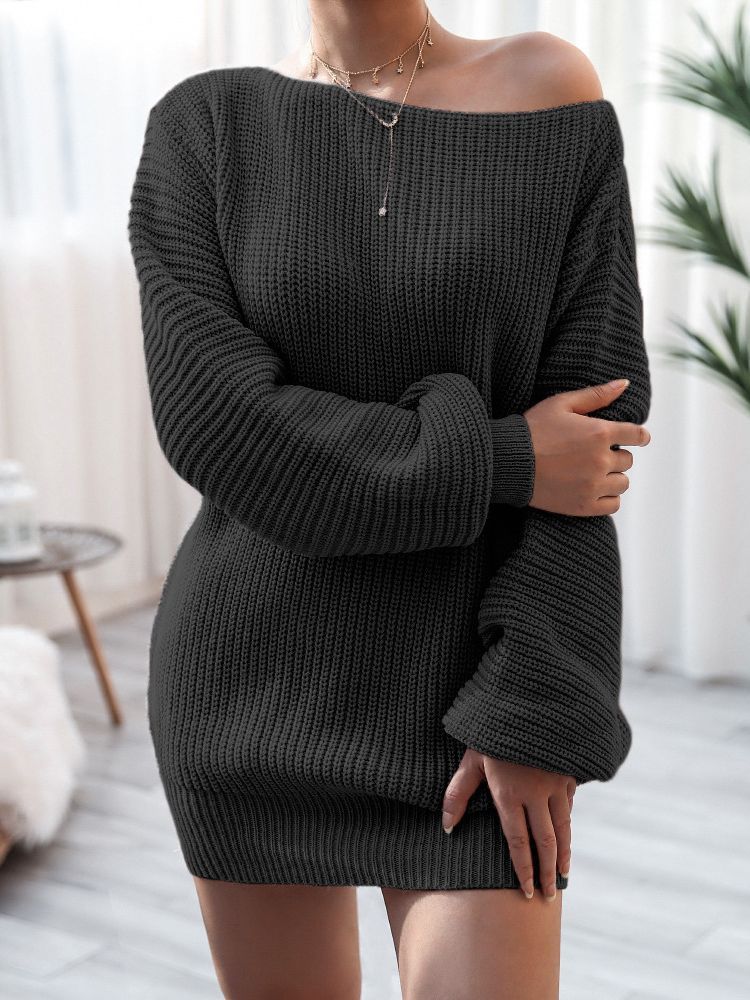 Women's Solid Color Casual Off-the-shoulder Lantern Sleeve Knitted Sweater Dress
