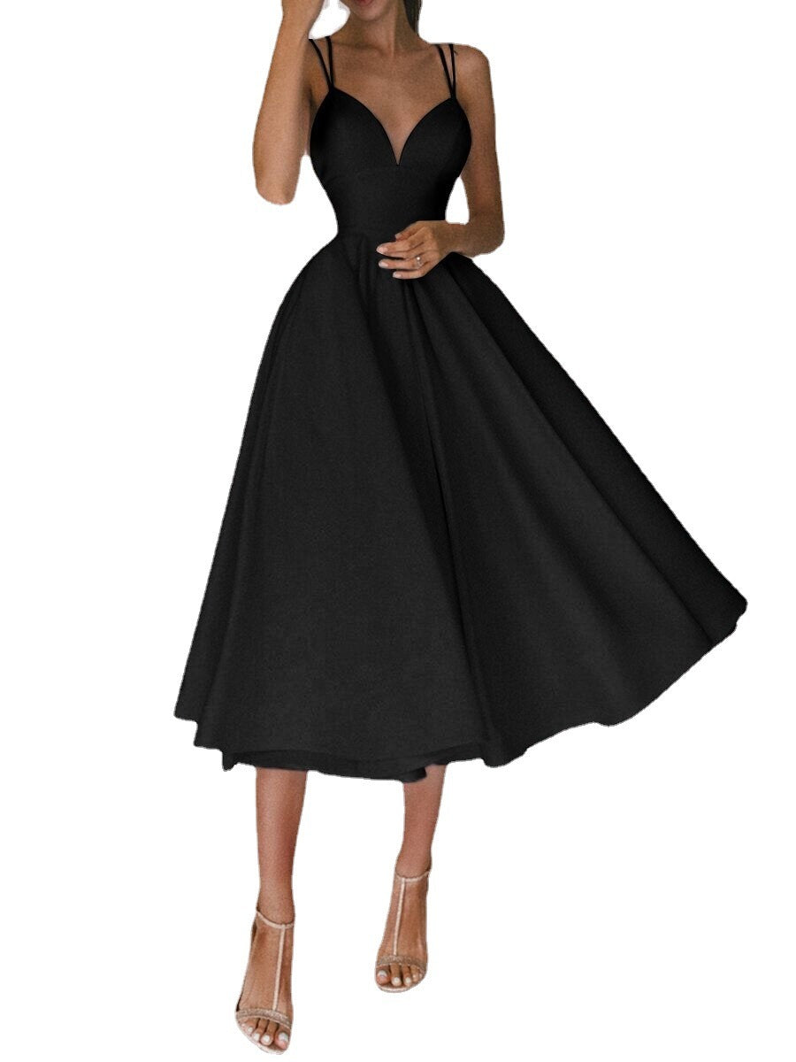 Women’s V-Neck Spaghetti Strap Mid-Length Formal Dress