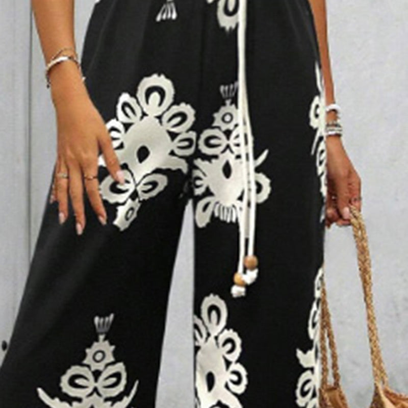 Women's Summer Boho Jumpsuits One Piece Beach Vacation Outfits Shirred Strap Wide Leg Pants Rompers With Pockets