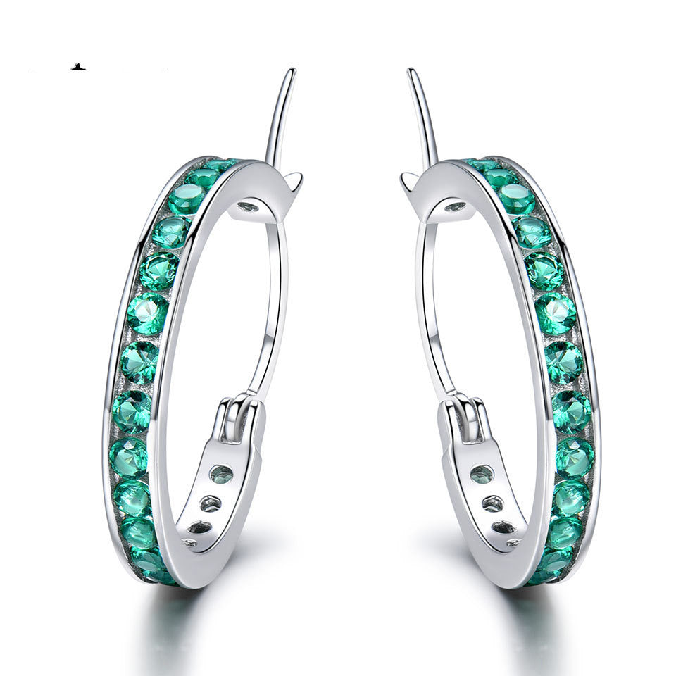 Sterling Silver Hoop Earrings with Inlaid Gems in 4 Colors