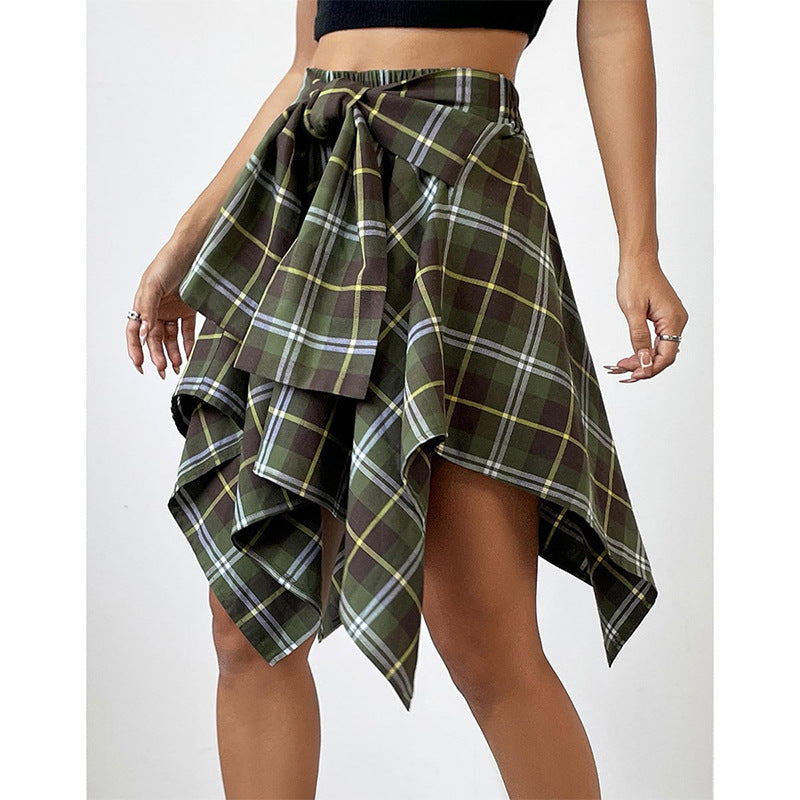 European And American All-match Women's High Waist Irregular Plaid Skirt