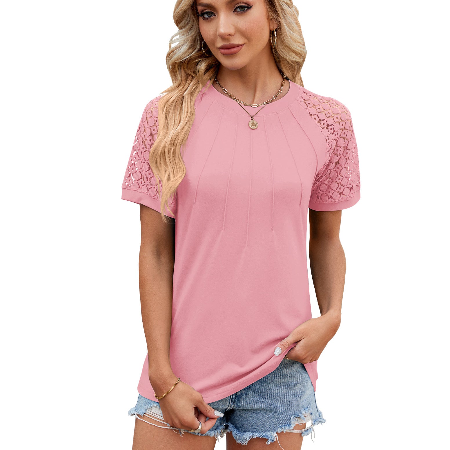 Top feminino com gola redonda e manga curta com renda e pregas em 8 cores S-XXL