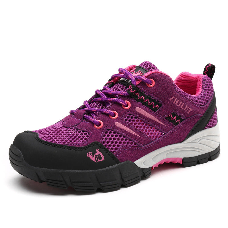 Unisex Breathable Mesh Outdoor Hiking Shoes in purple with rubber sole and lace-up design.