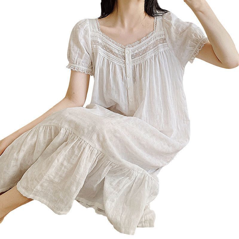 Women's Short-sleeved Thin Pajamas White Sweet Cotton