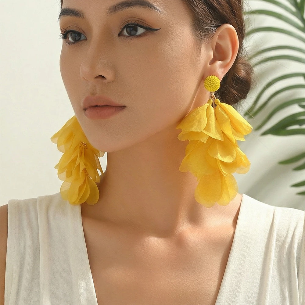 Long Fabric Chiffon Petal Tassel Earrings For Women Bohemian Handmade Jewelry Perfect For Summer Party Tropical Beach Vacation