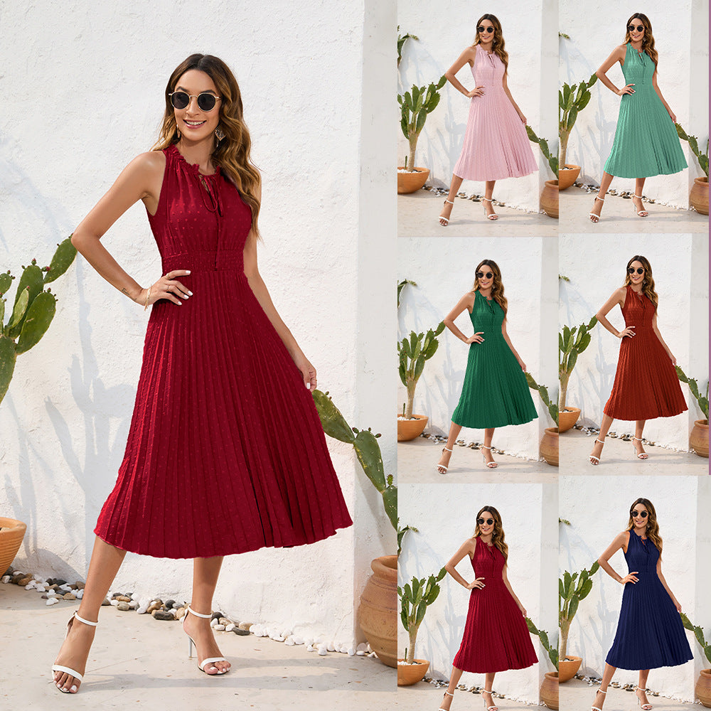 Women's Sleeveless V-Neck Pleated Midi Dress in 7 Colors S-XXL