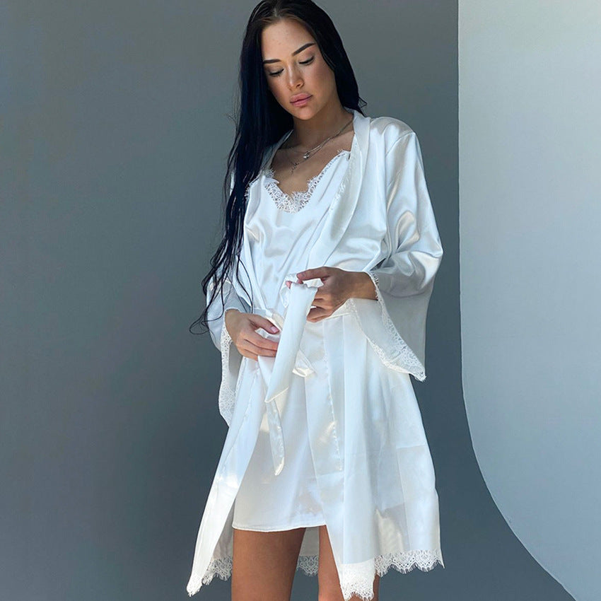Comfortable Breathable Ice Silk Pajamas Women's Cardigan Lace-up Nightdress Home Wear Two-piece Set