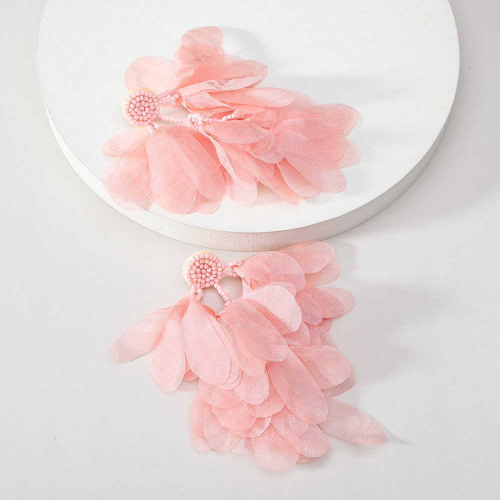 Lightweight Fluffy Chiffon Flower Multi-Layer Tassel Earrings For Women Handmade Bohemian Jewelry For Beach Vacation Summer Party