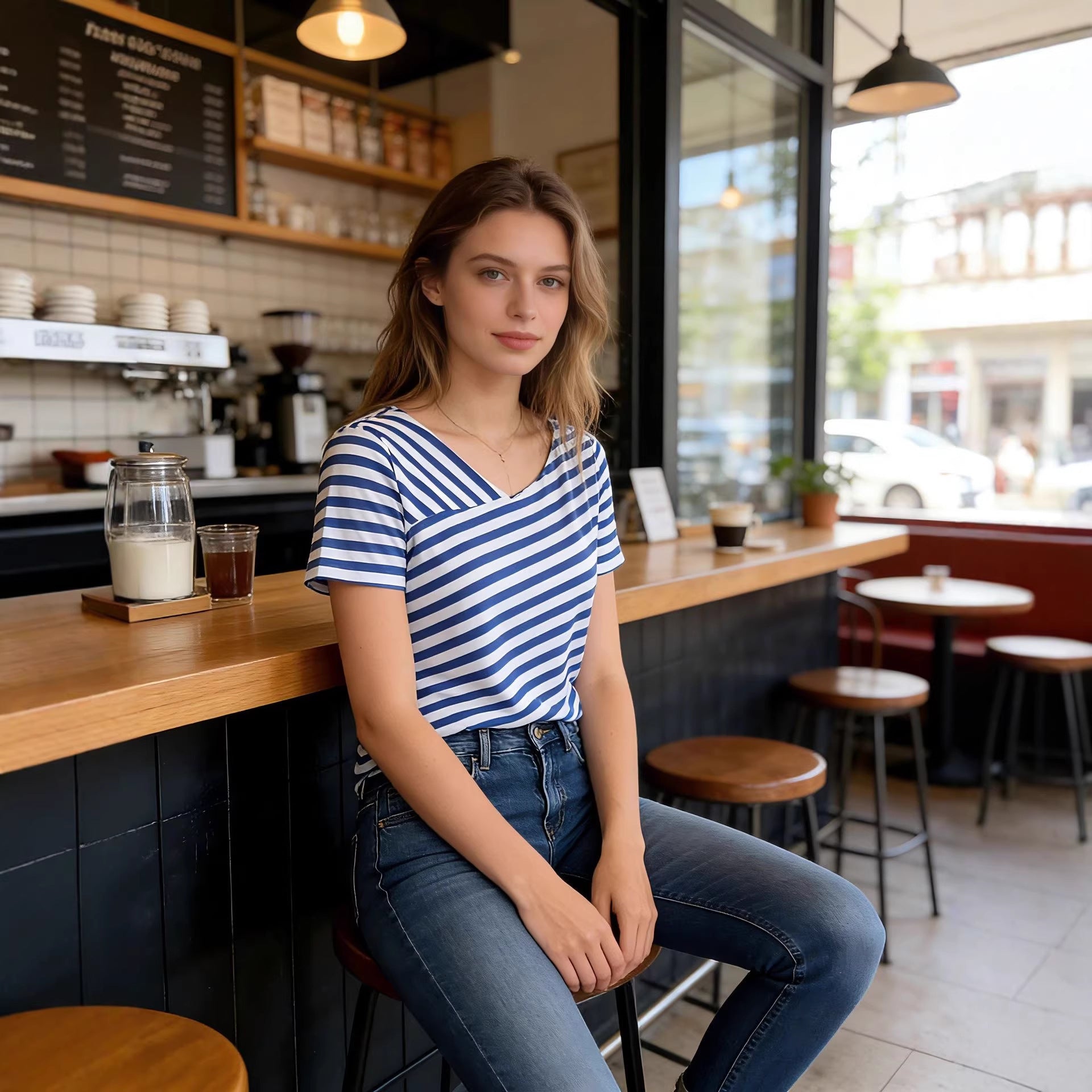 Women's Short-Sleeve Top With A Two-Tone Striped Shawl Collar