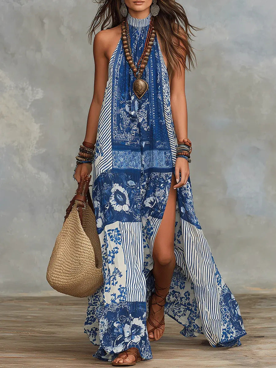 Loose-fit Printed Halterneck Split Dress