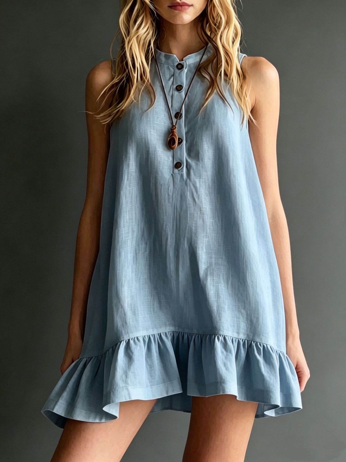 Cotton-Linen Solid-Color Stand Collar Sleeveless Ruffle-Trim Dress