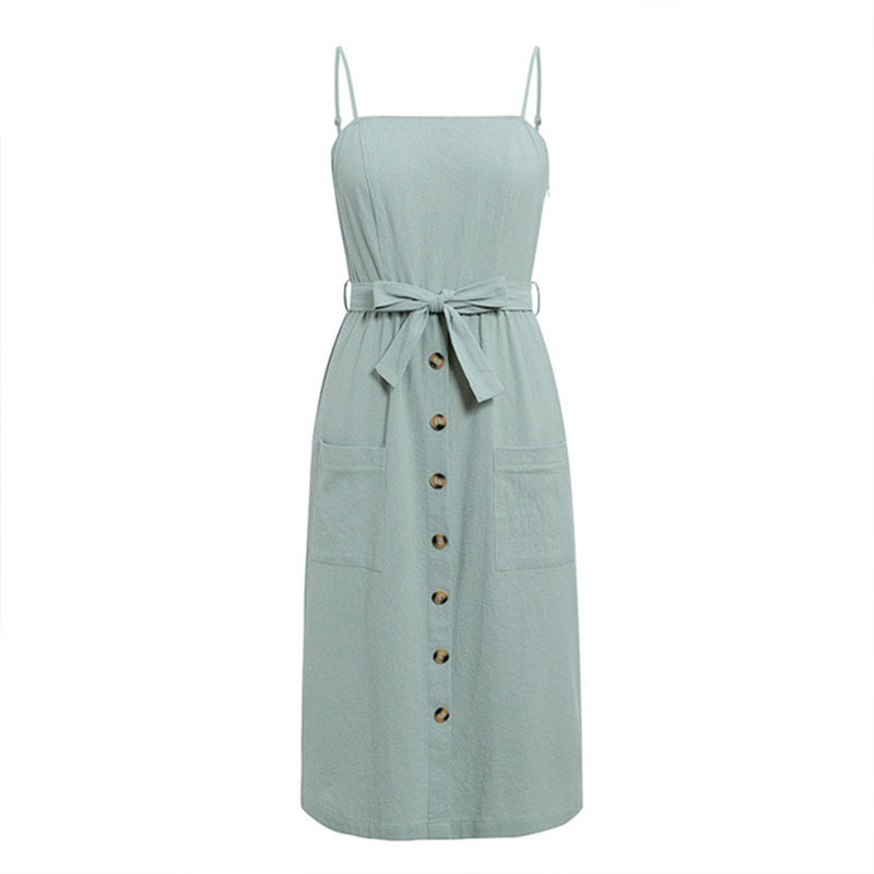 Summer solid color button cotton strap bow A-line dress