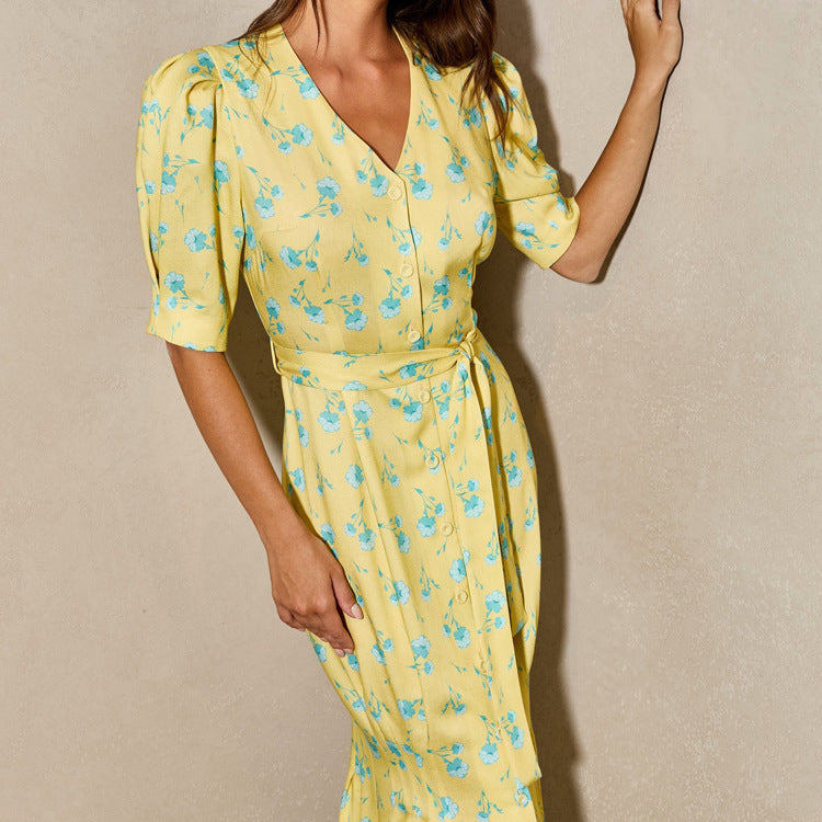 Yellow Floral Print Button-Front Mermaid Maxi Dress