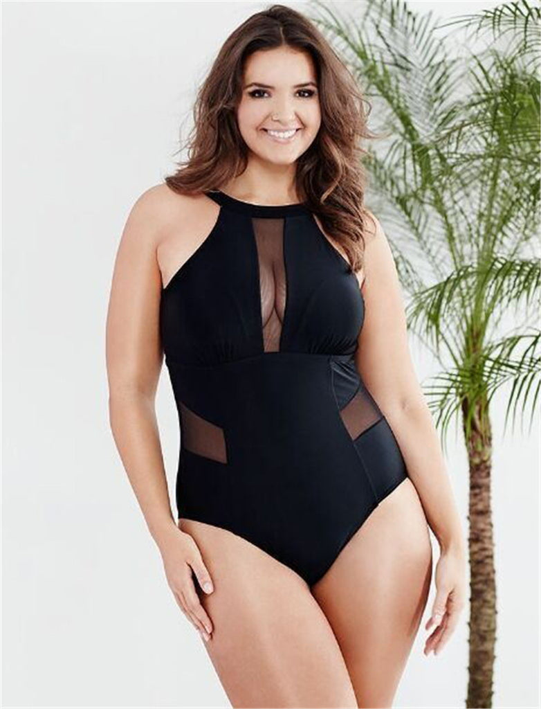 Women’s Black One-Piece Plus Size Swimsuit with Mesh XL-4XL - Wazzi's Wear