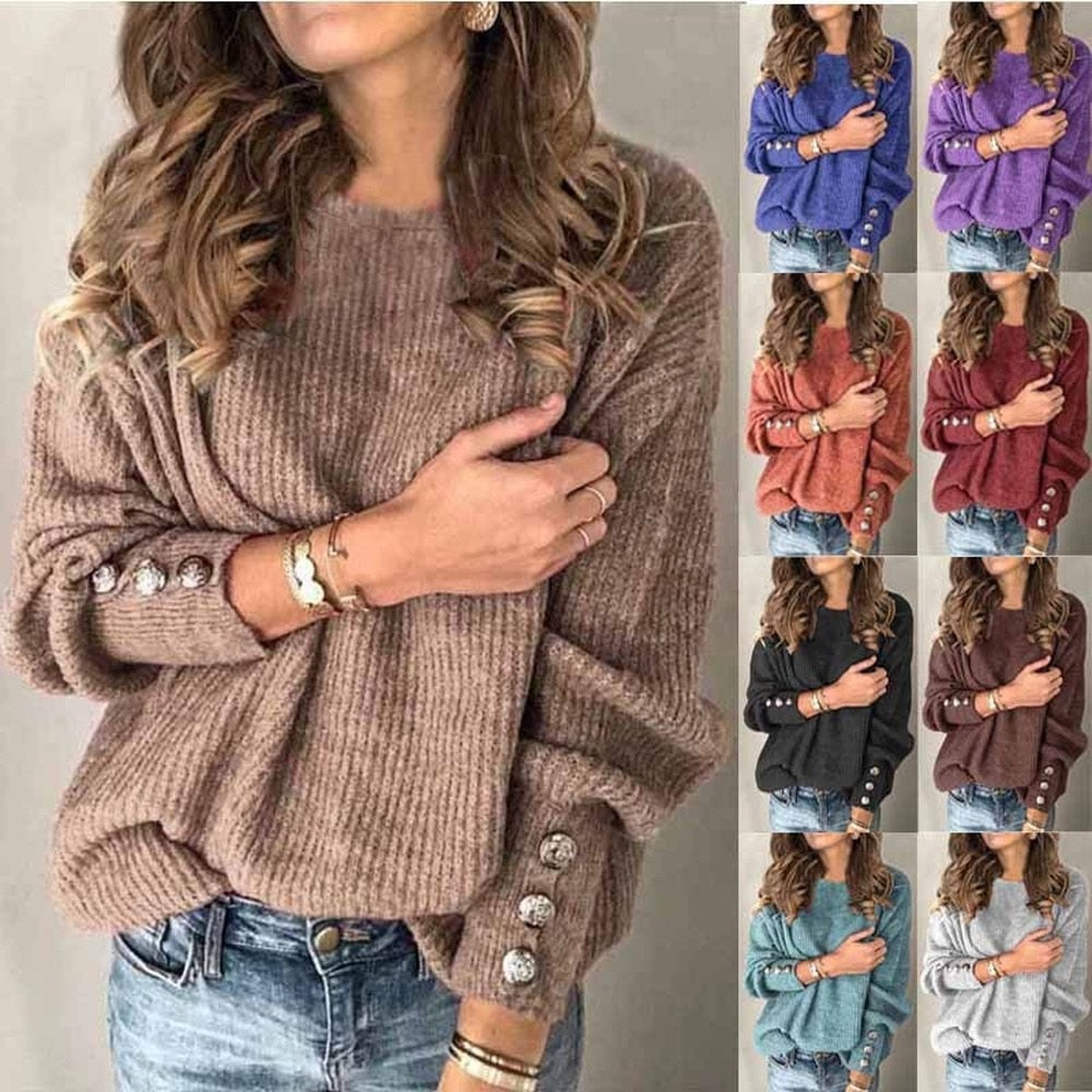 Women’s Long Sleeve Round Neck Knit Sweater with Buttons in 9 Colors S-5XL - Wazzi's Wear