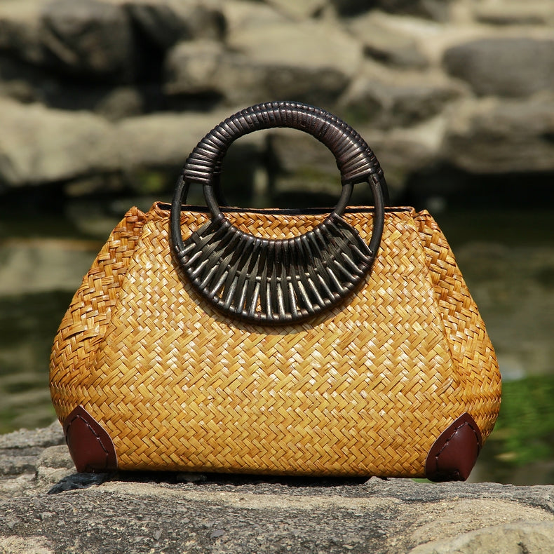 Women’s Rattan Straw Hand Bag with Round Wooden Handle in 2 Colors - Wazzi's Wear