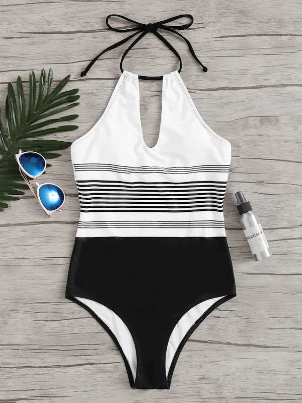 Women’s One Piece Black and White Striped Swimsuit S-L - Wazzi's Wear