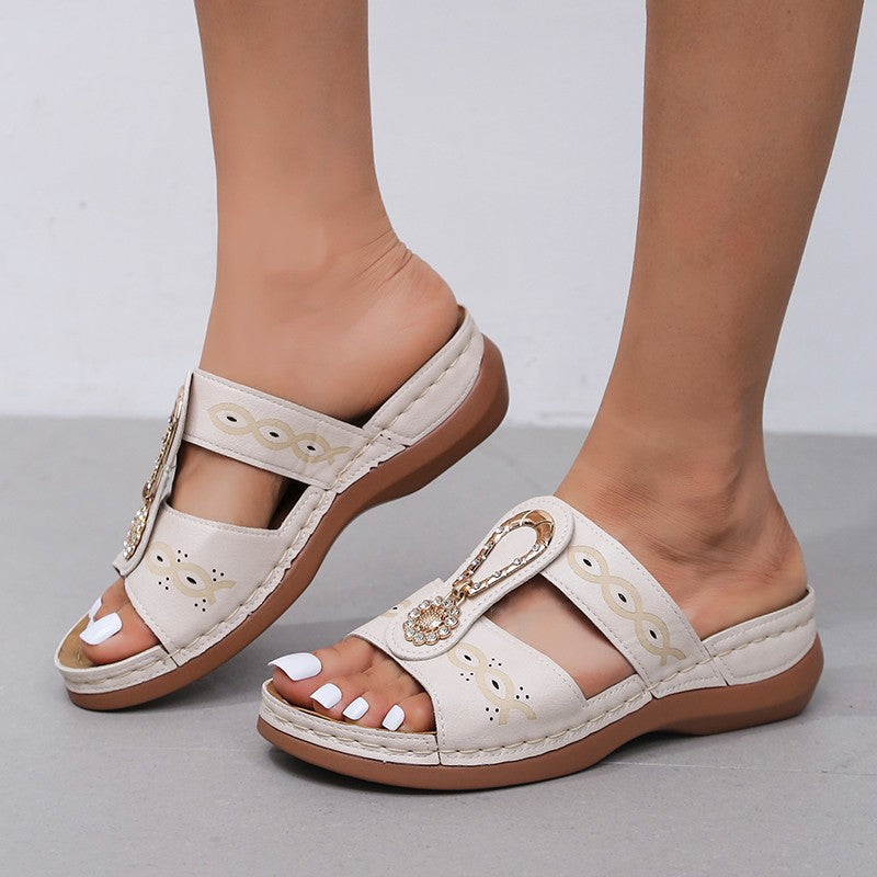 Women’s Wedge Heel Slip-On Sandals with Rhinestones in 3 Colors - Wazzi's Wear
