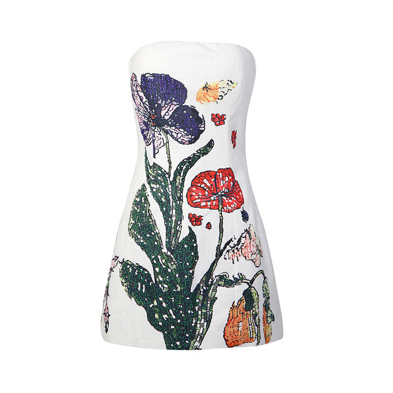 Strapless High-waisted Figure-hugging Printed Sheath Dress