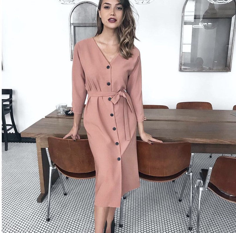 Women’s V-Neck Long Sleeve Buttoned Midi Dress with Waist Tie in 4 Colors S-XXL - Wazzi's Wear