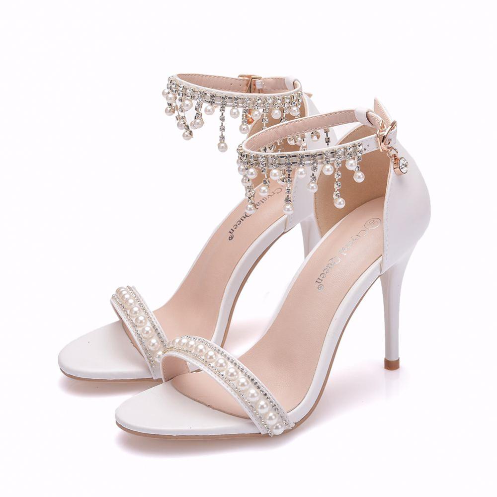 Women’s White High Heeled Stiletto Shoes with Beaded Ankle Strap - Wazzi's Wear