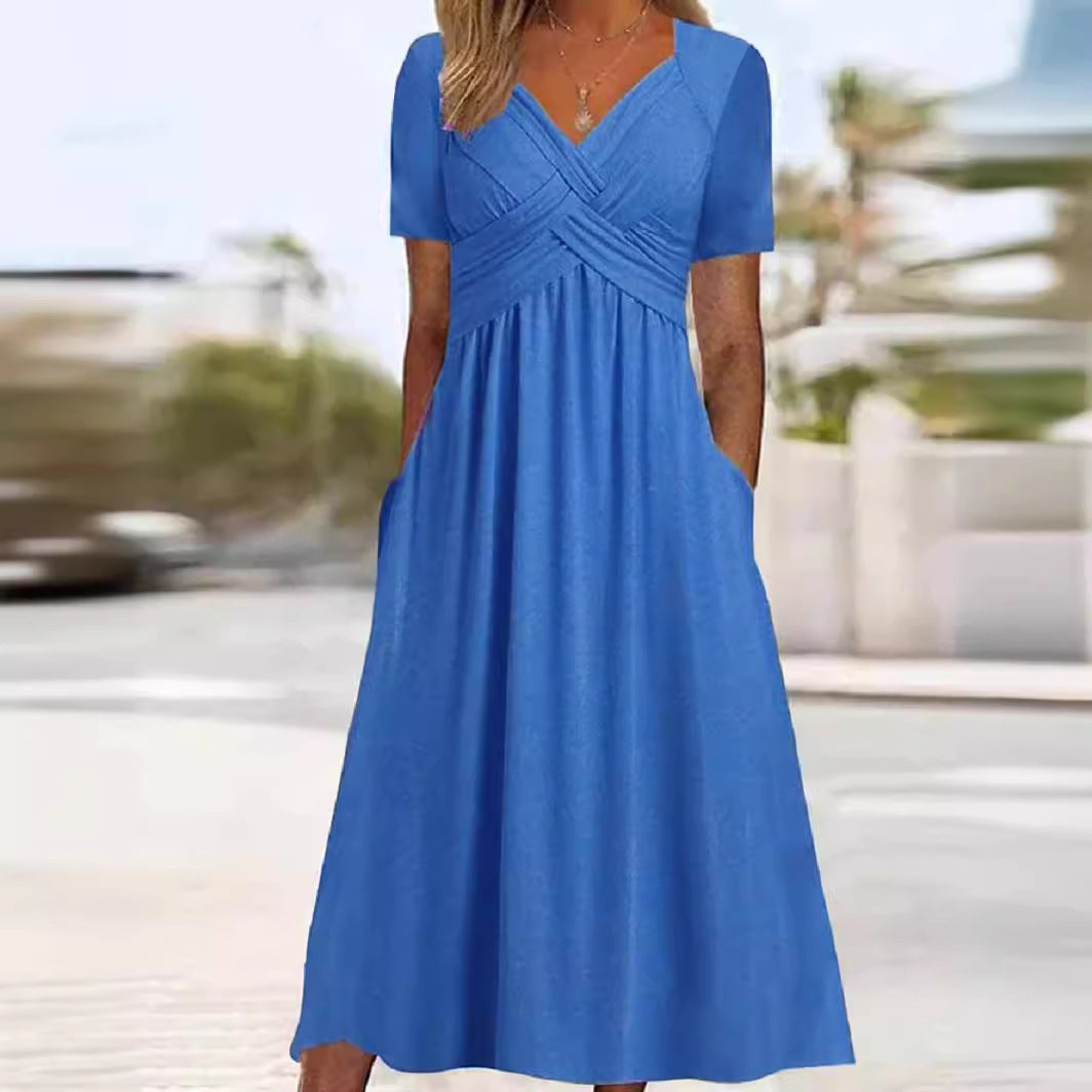 Women's Criss-Cross V-Neck Short Sleeve Midi Dress with Pockets