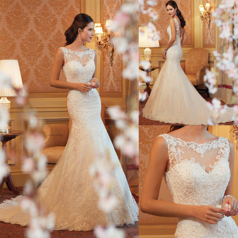 Women’s Sleeveless Lace Wedding Dress with Fishtail XS-3XL - Wazzi's Wear