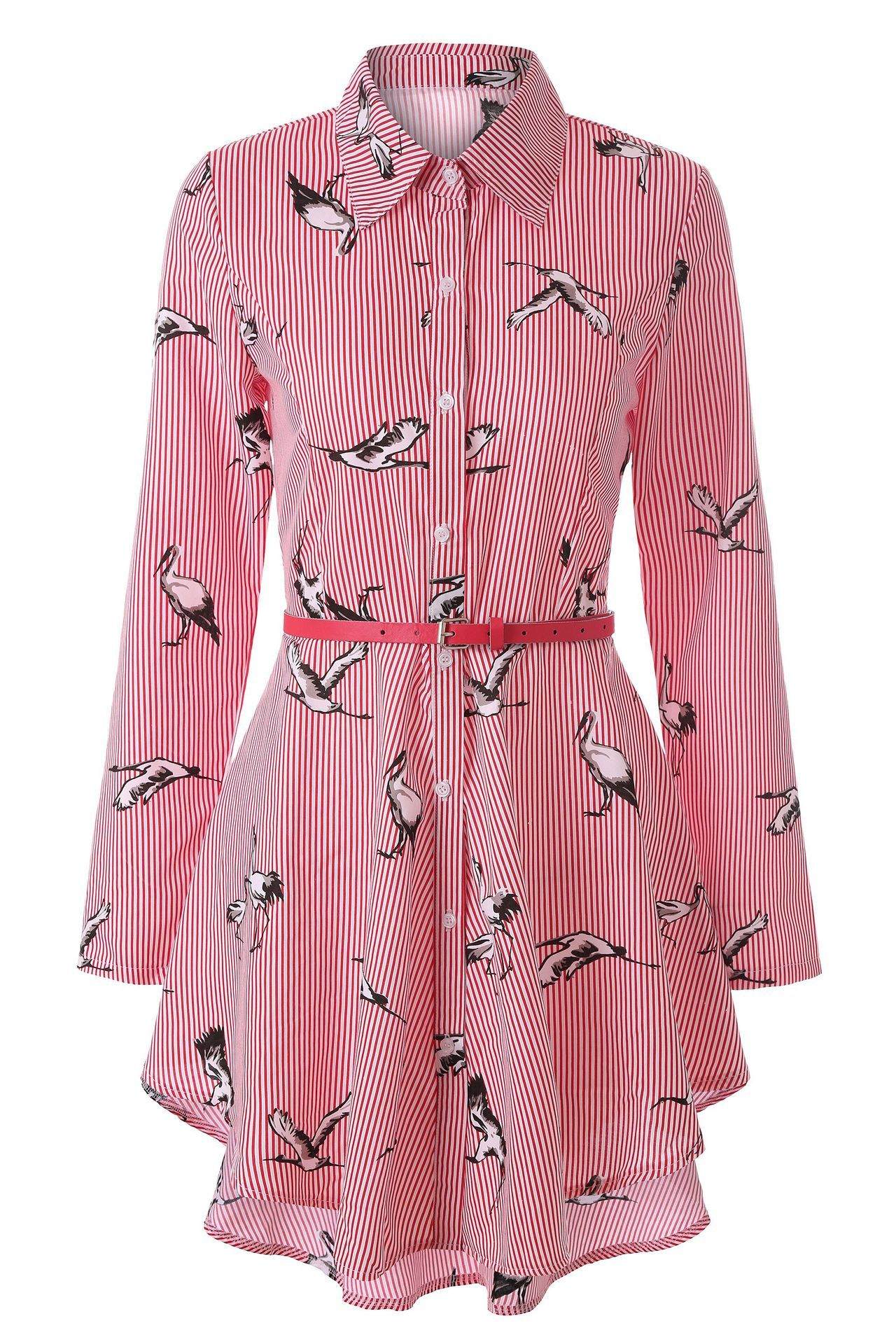 Long sleeve women's striped shirt with a unique skirt shape and belt.