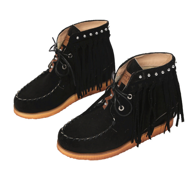 Women’s Suede Lace-Up Moccasins with Fringe and Thick Sole in 3 Colors - Wazzi's Wear