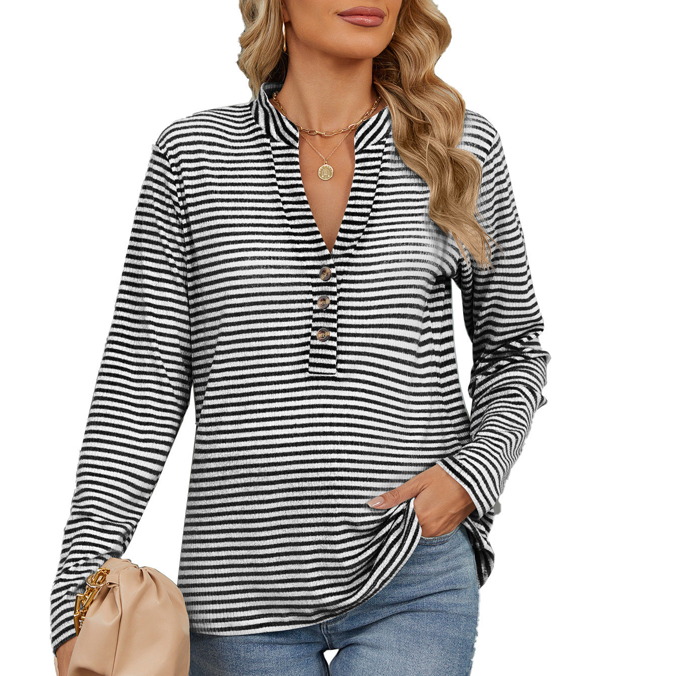 Women’s V-Neck Striped Long Sleeve Shirt